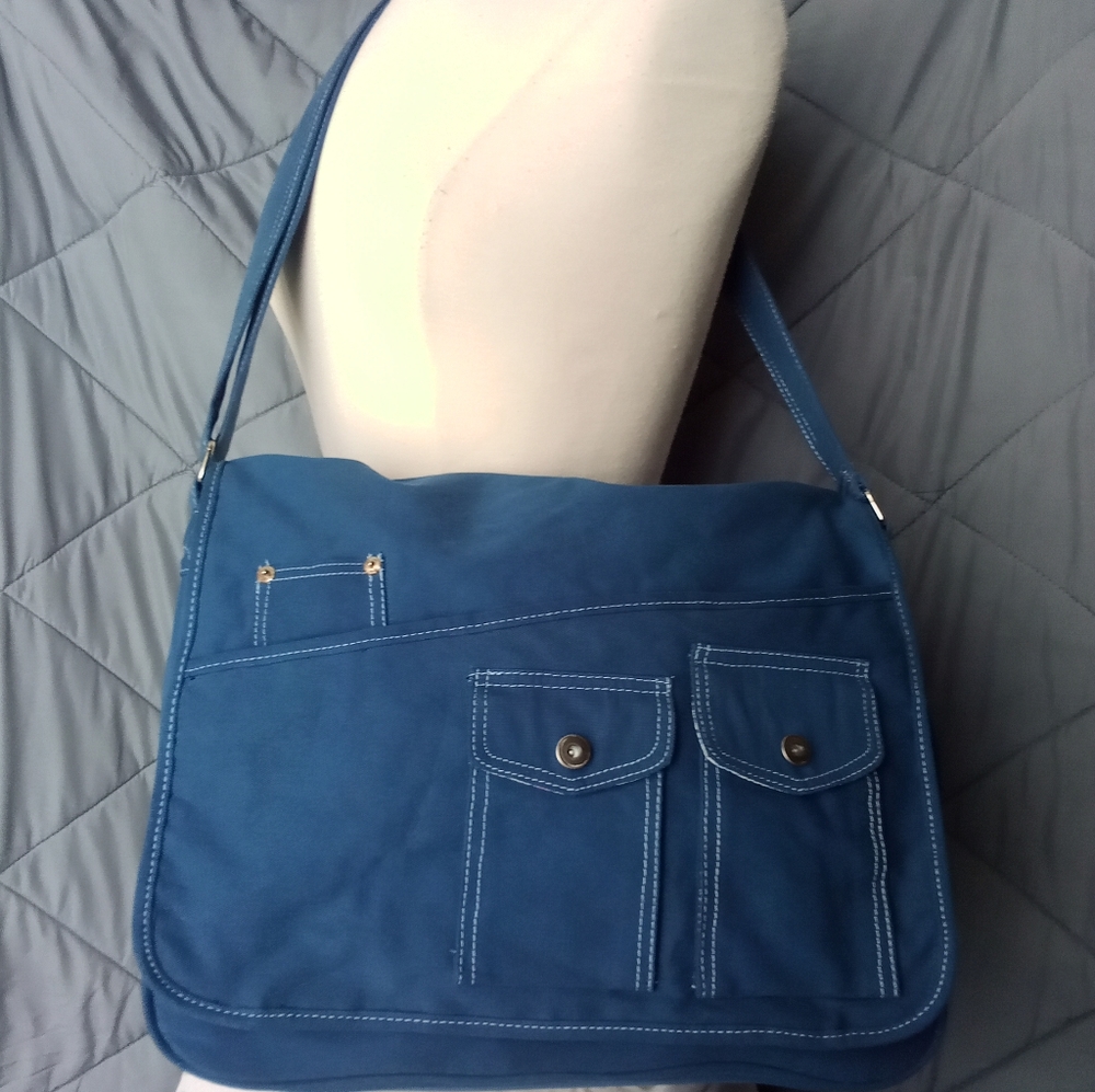Women's Blue Satchel Crossbody Utility Bag with Blue & Pink Floral Design Lining